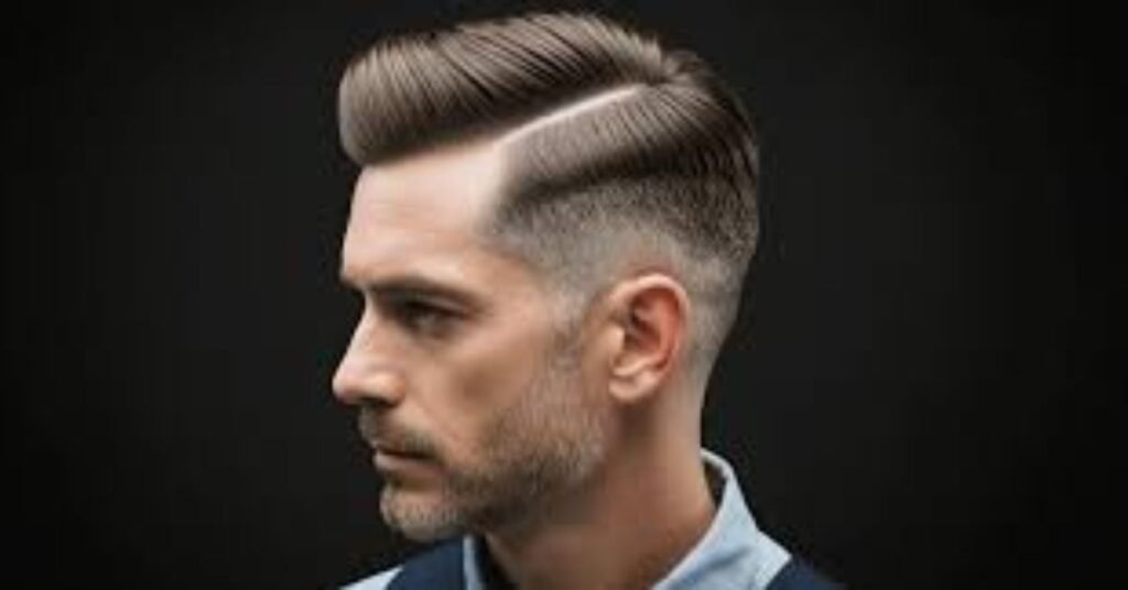 Side view of mid fade comb over haircut